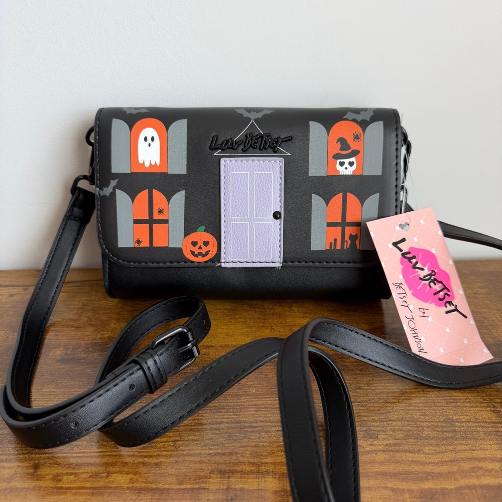 New Betsey Johnson Haunted House Crossbody Wallet Handbag Halloween Black Orange